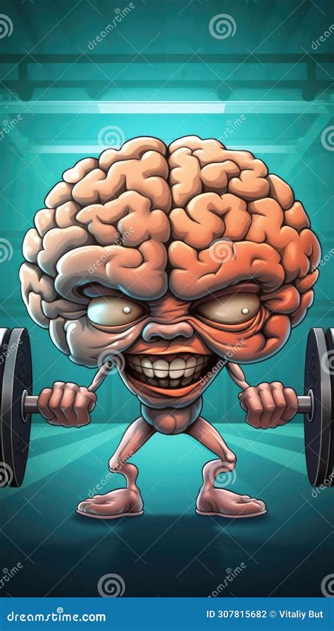 Cartoon Brain Lifting Barbell Demonstrating Brain Power And Strength