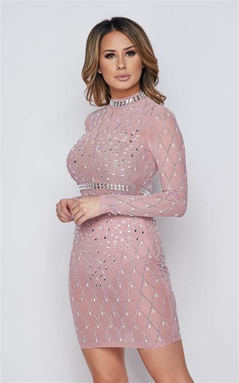 Crystal Embellished Sheer Mesh Dress Pink