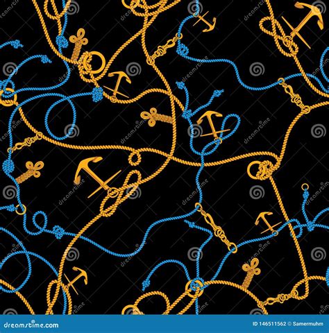 Seamless Marine Motifs Pattern With Golden Sea Anchors Colored Ropes