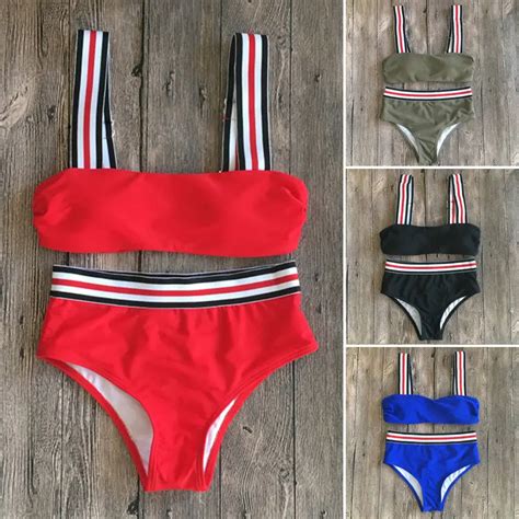 Conjunto De Bikini De Cintura Alta A Rayas Para Mujer Traje De Ba O De