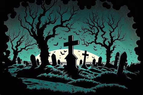 Halloween themed artwork shows a cemetery in the dark at an eerie hour | Premium AI-generated image