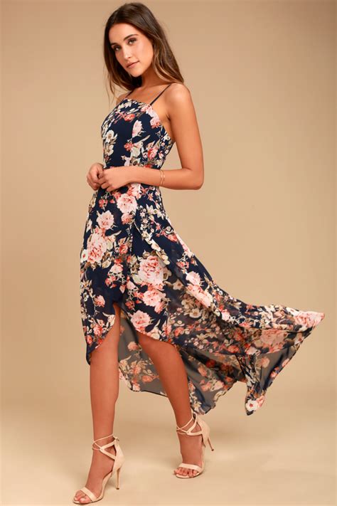 Lovely Navy Blue Dress Floral Print Dress High Low Dress Lulus