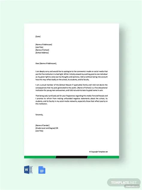 Apology Letter To School For Misconduct Template in Google Docs, Word ...