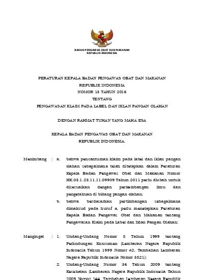 Peraturan Kepala Badan Pengawas Obat Dan Makanan Republik Indonesia