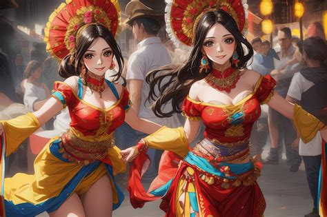 Premium AI Image | two Anime manga beautiful Mexican woman wearing a colorful traditional dance ...