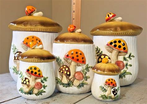 Vintage Sears Roebuck Co Ceramic Merry Mushroom Canisters Set