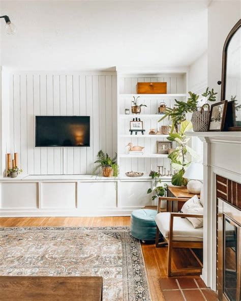 Vertical White Shiplap TV Wall With White Floating Shelves Soul Lane