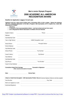 Fillable Online Usagym Academic All American Recognition Award