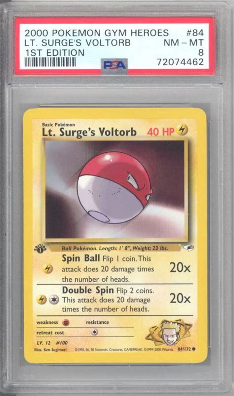 PSA 8 Pokemon Card Gym Heroes 84 132 LT SURGE S VOLTORB 1st