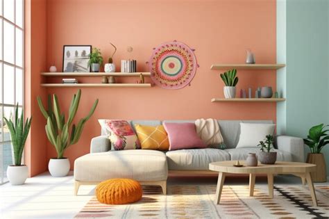 Premium AI Image A Brightly Colored Living Room With A Couch