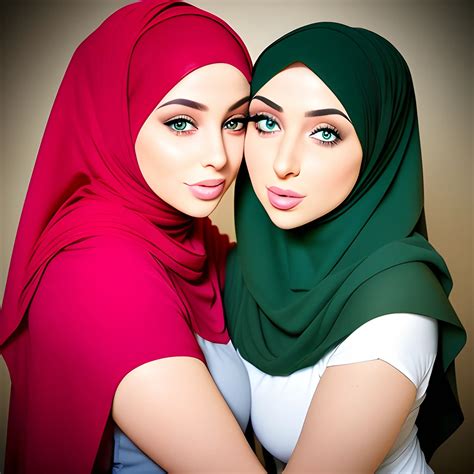 Two Sexy Hijab Babes Model Face Green Eyes Kissing Eachother Ful