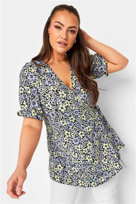 Yours Plus Size Black And Purple Floral Print Wrap Top Yours Clothing