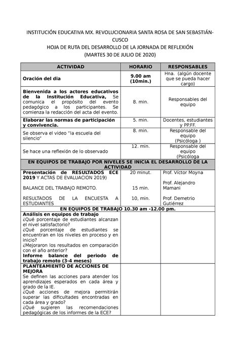 Hoja De Ruta Del Desarrollo De La Jornada De Reflexi N Instituci N