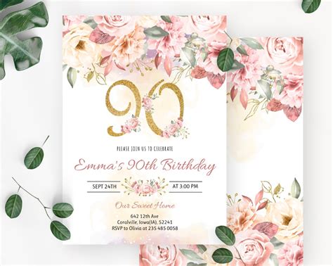 90th Birthday Invitation. Floral Birthday Invitation. Blush Pink Women ...