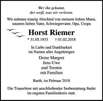 Traueranzeigen Von Horst Riemer Trauer Anzeigen De