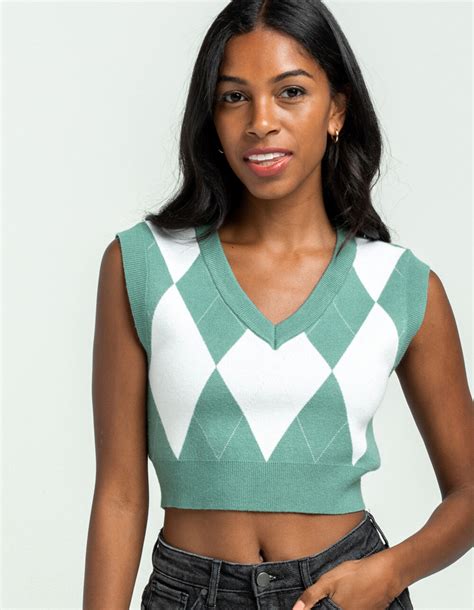 Rsq Large Print Argyle Womens Vest Green Combo Tillys