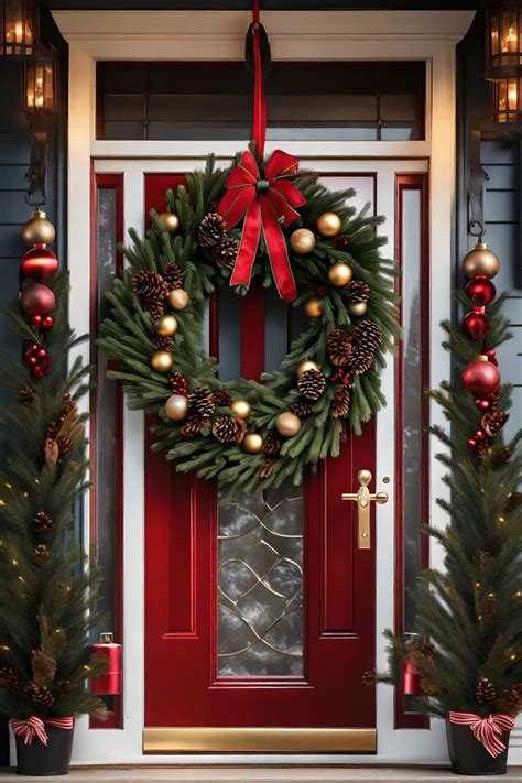 A Christmas Wreath On The Front Door Of A House