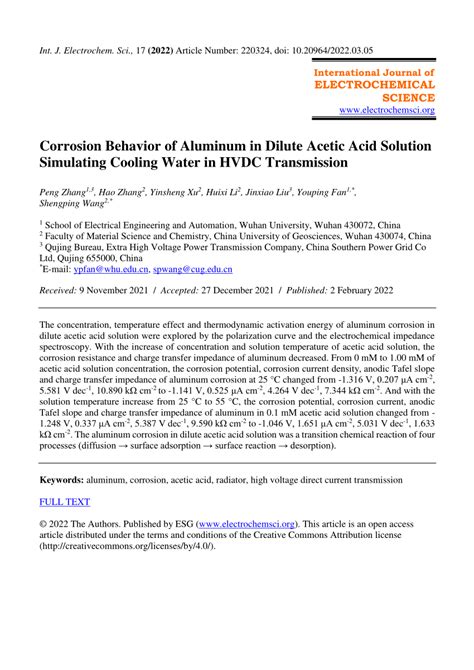 Pdf Corrosion Behavior Of Aluminum In Dilute Acetic Acid Solution