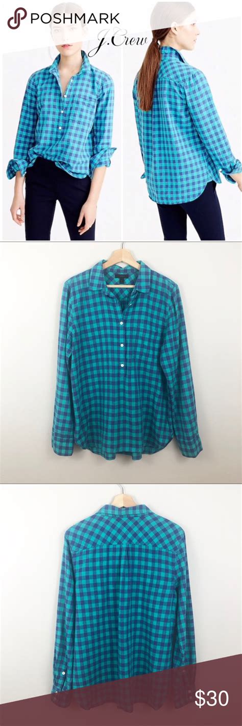 J Crew Caribbean Blue Gingham Popover Shirt 10 Popover Shirt Blue