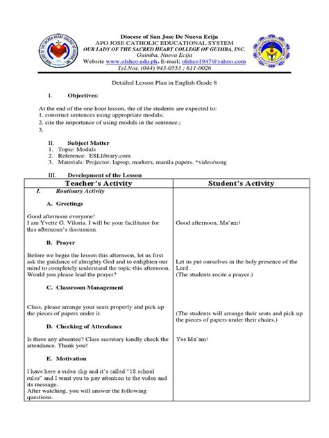 Detailed Lesson Plan In Modal Verbs By Yvette Pdf Verb Linguistic Typology