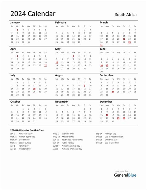 Standard Holiday Calendar For With South Africa Holidays In