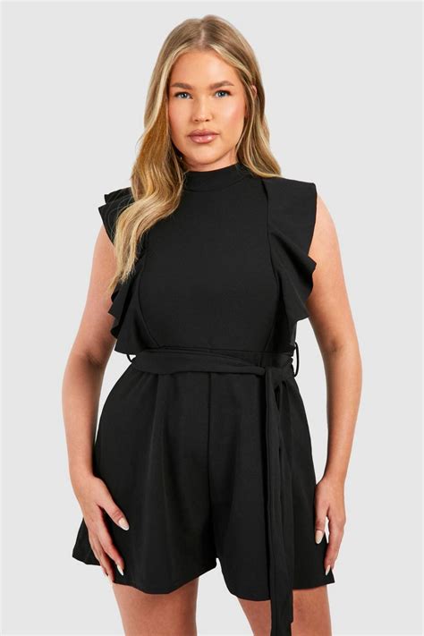 Plus Scuba Crepe Tie Belt Ruffle Romper Boohoo Usa