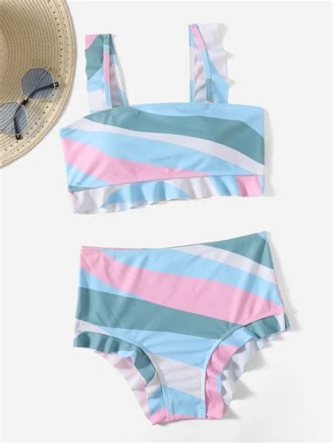 ROMWE Colorblock Ruffle Hem Bikini Swimsuit Pink Shop