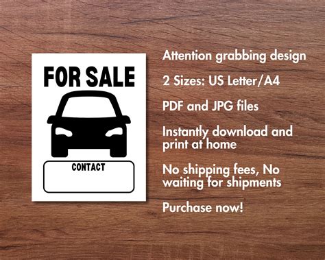 Car For Sale Sign Printable Car Sale Sign Instant Download Etsy