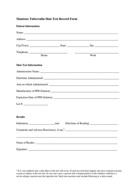 Mantoux Tuberculin Skin Test Record Form Patient Information Pdf