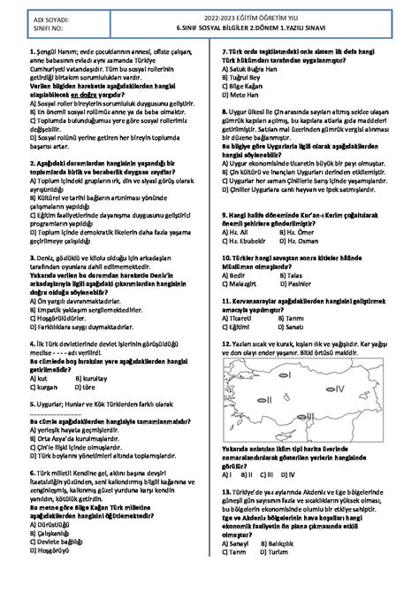 6 SINIF SOSYAL BİLGİLER 2 DÖNEM 1 YAZILI Sosyal Bilgiler