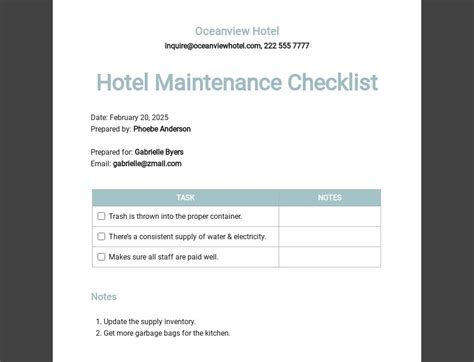 Printable Hotel Maintenance Checklist