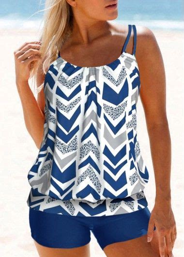 Geometric Print Blue Double Straps Tankini Top Usd 12