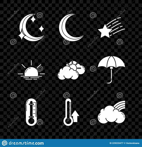 Set Moon And Stars Falling Thermometer Rainbow With Clouds Sunrise