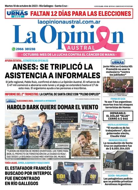 Diario La Opini N Austral Tapa Edici N Impresa Del Martes De Octubre