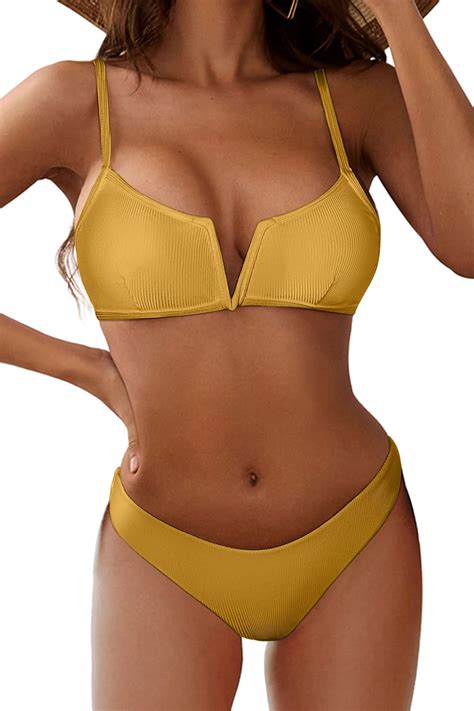 Amazon ZAFUL Women S High Cut Bikini Sets Ribbed V Wire Cami Bikini Two Piece Swimsuit