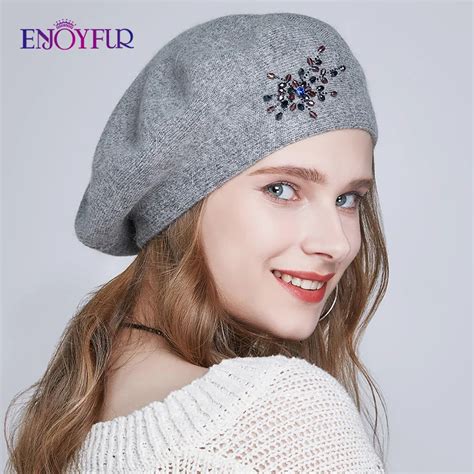 Enjoyfur Winter Beret Hats For Women Wool Knitted Warm Solid Color