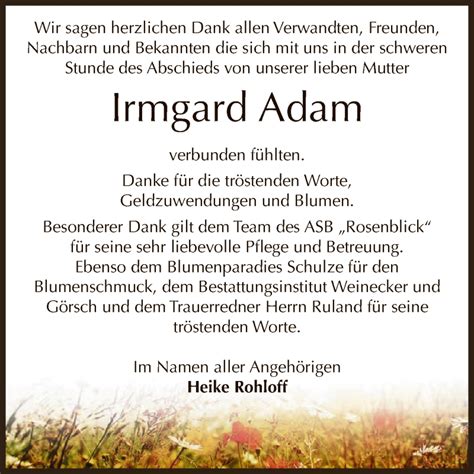 Traueranzeigen Von Irmgard Adam Abschied Nehmen De