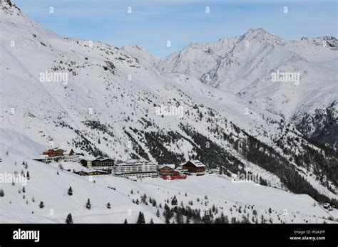 Austrian Alps Mountain Restaurant And Hotel Above Sölden Village Stock