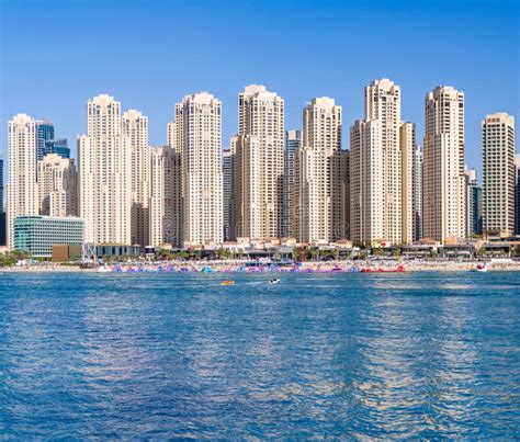 Skyline Of Hotels And Apartments In Jbr Beach Above The Beach Stock
