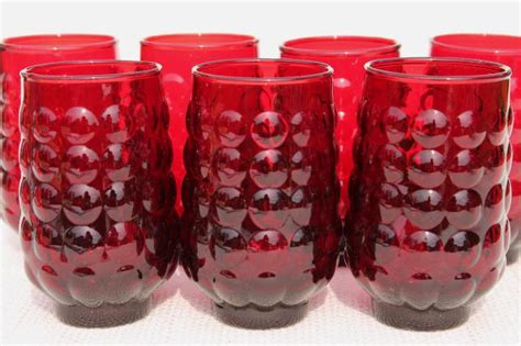 Vintage Royal Ruby Red Bubble Pattern Anchor Hocking Juice Glasses Tumblers