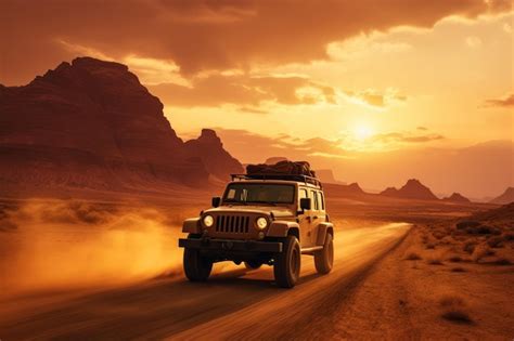 Premium Photo A Jeep Driving Through The Desert At Sunset