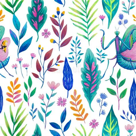 Colorful Seamless Pattern With Bright Tropical Leaves And Flowers