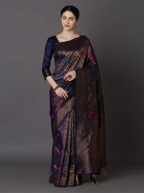 Mitera Navy Blue And Gold Coloured Silk Blend Woven Design Kanjeevaram Saree