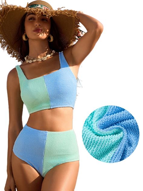 Eytino Bathing Suits For Women Swimsuits High Waisted Bikini Set Color Block Scrunch Square Neck