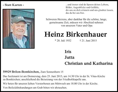 Traueranzeigen Von Heinz Birkenhauer Trauer In NRW De