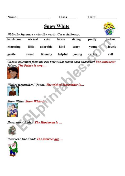 Snow White Adjectives Esl Worksheet By Simon Whitmore