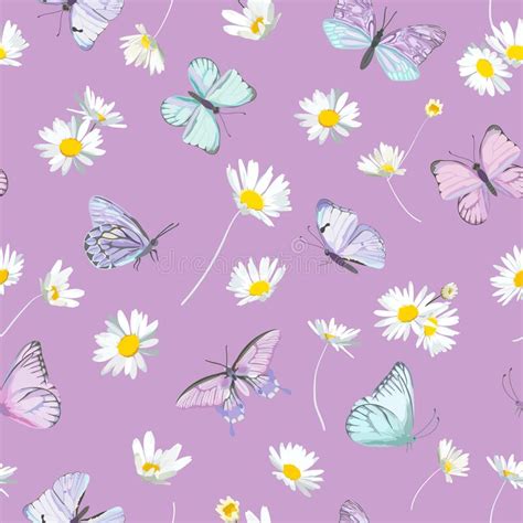 Seamless Daisy Flowers And Butterfly Vector Background Spring Floral