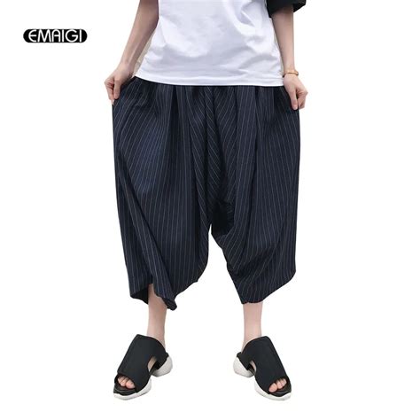 New Men Striped Loose Wide Leg Skirt Pant Male Japan Style Fashion Casual Harem Pant Summer