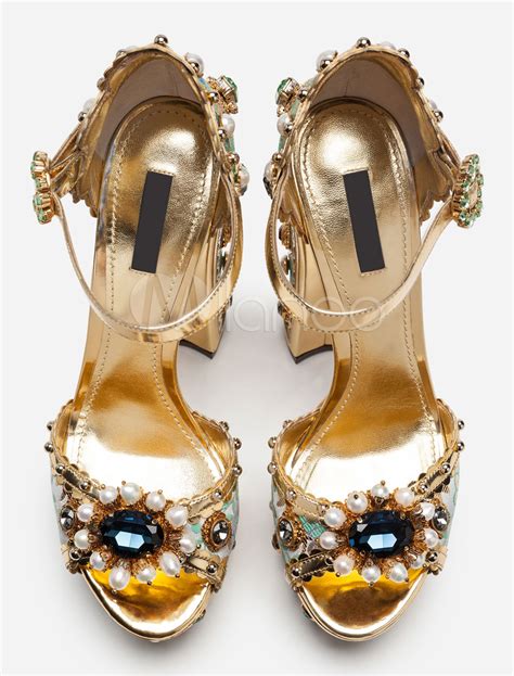 Gold Party Shoes Women Platform Open Toe Rhinestones Pearls Buckle