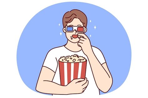 Premium Vector Happy Young Man In 3d Glasses Eating Popcorn Watching